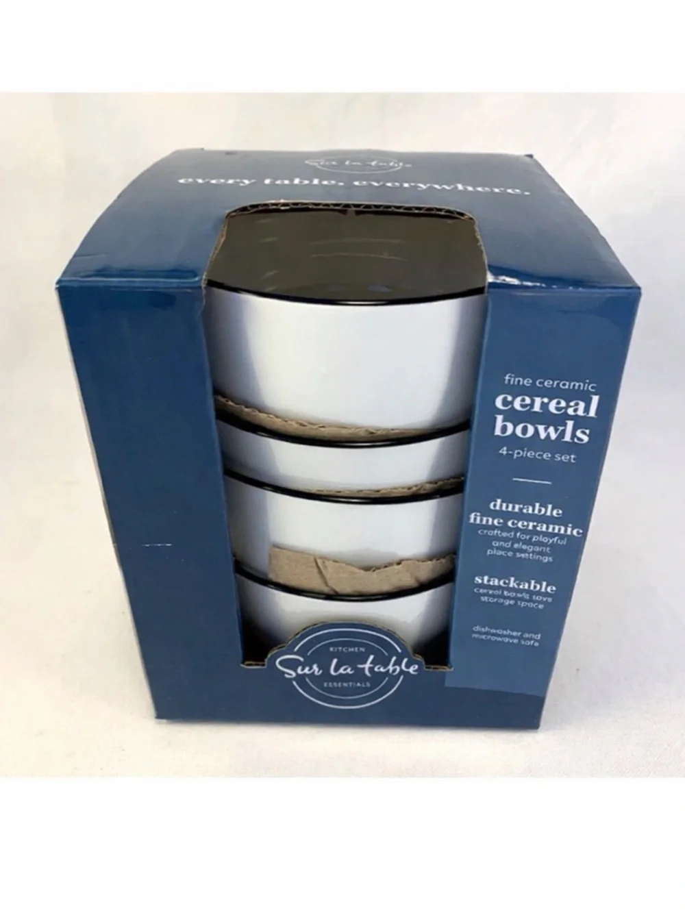 Sur La Table Cereal Bowls White Porcelain with Black Rim Set of‎ 4 NEW NIB